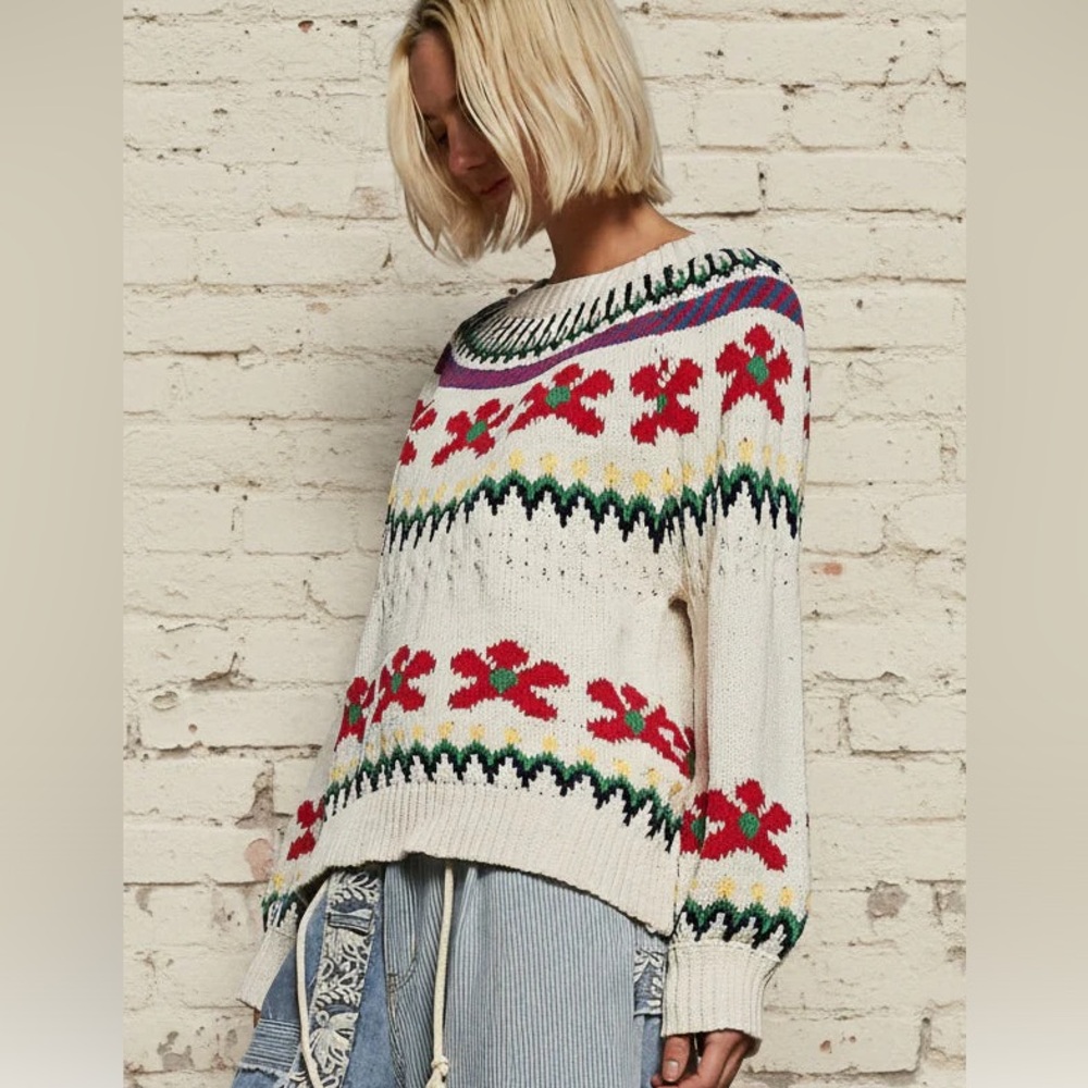 POL Cream Floral Fair Isle Knit Sweater